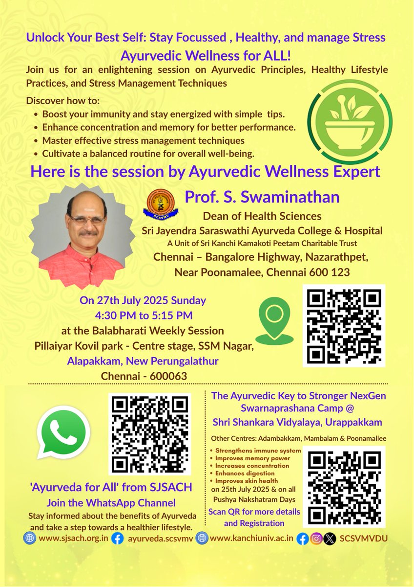 Ayurvedic welness Talk by Dean of Health Sciences - SCSVMV Prof. S. Swaminathan @ Alapakkam (New Perungulathur)