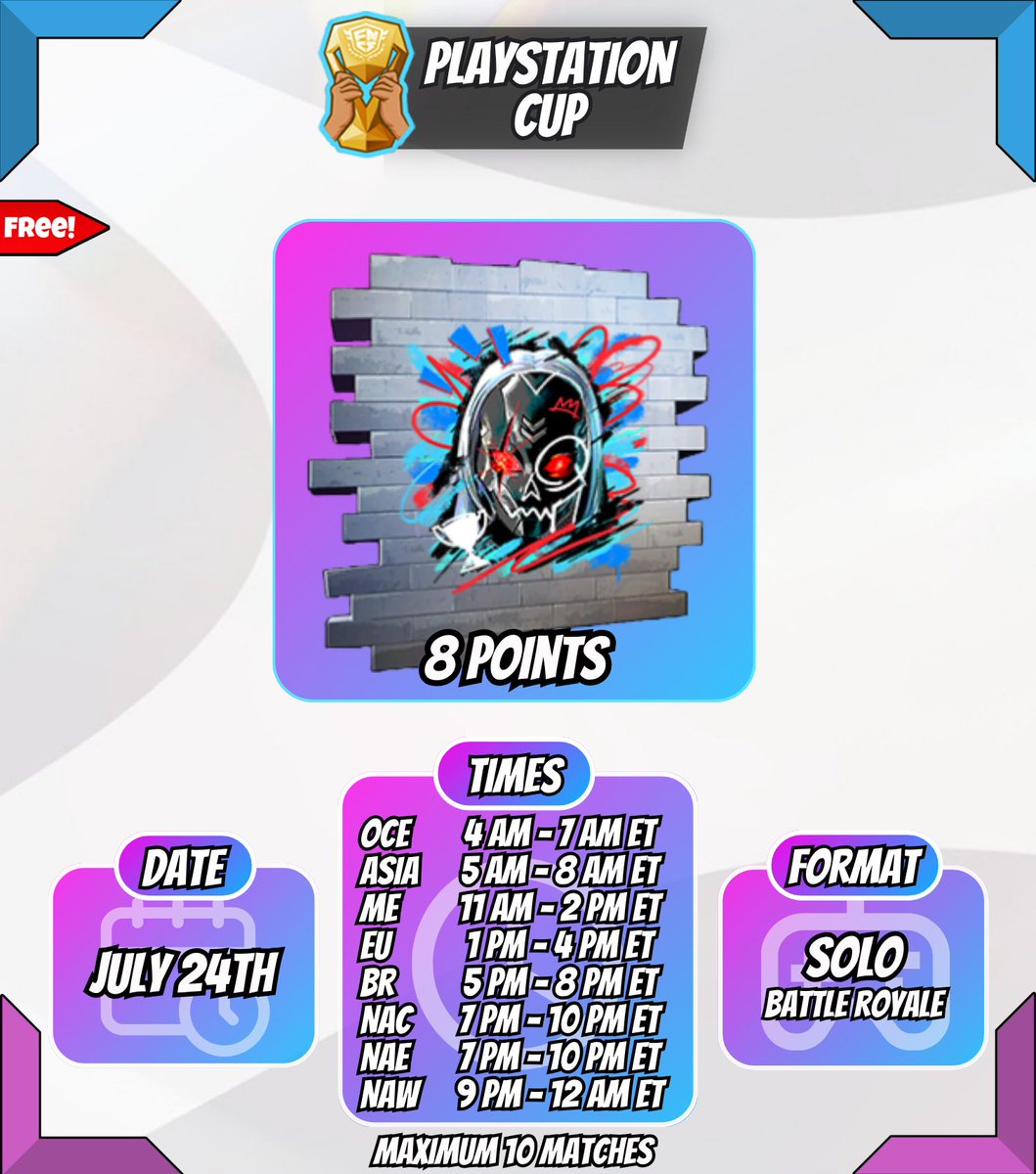 Playstation Cup

📅 Date: July 24th
🎮 Format: Solo (Battle Royale)

🏆 Reward:
• "Zadie The Elite" Spray (8 Points)

❗️ For Playstation players only!