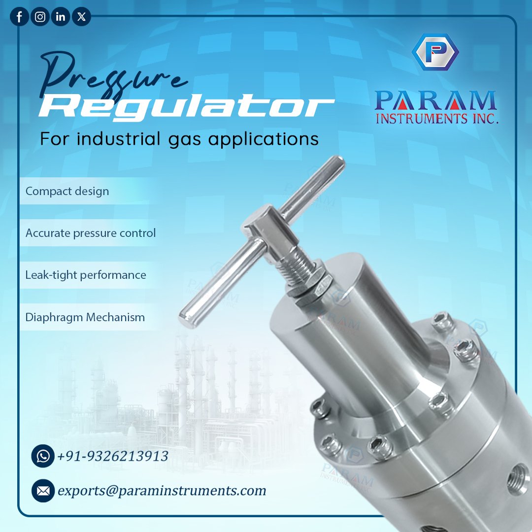 Param Instruments Inc. (@param_inc_) on Twitter photo A single-stage pressure regulator controls high-pressure gas flow, ensuring stable output, featuring safety mechanisms, durability, and compatibility with multiple gases.
Email: exports@paraminstruments.com
WhatsApp: +919326213913
#industrial #regulator #gasregulator #madeinIndia A single-stage pressure regulator controls high-pressure gas flow, ensuring stable output, featuring safety mechanisms, durability, and compatibility with multiple gases.
Email: exports@paraminstruments.com
WhatsApp: +919326213913
#industrial #regulator #gasregulator #madeinIndia