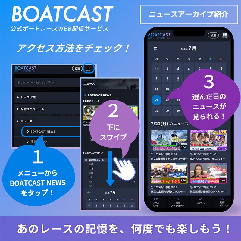 Lets_BOATRACE's tweet image. 🎥BOATCAST通信 vol.5
「ニュースアーカイブ」で、見逃したBOATCAST NEWSや注目レースのハイライトを日付ごとにまとめてチェック👀
あの感動を、何度でも楽しもう✨
▶試してみる 👉boatcast.jp/news/index.html
#BOATCAST #ボートレース #BOATCAST通信