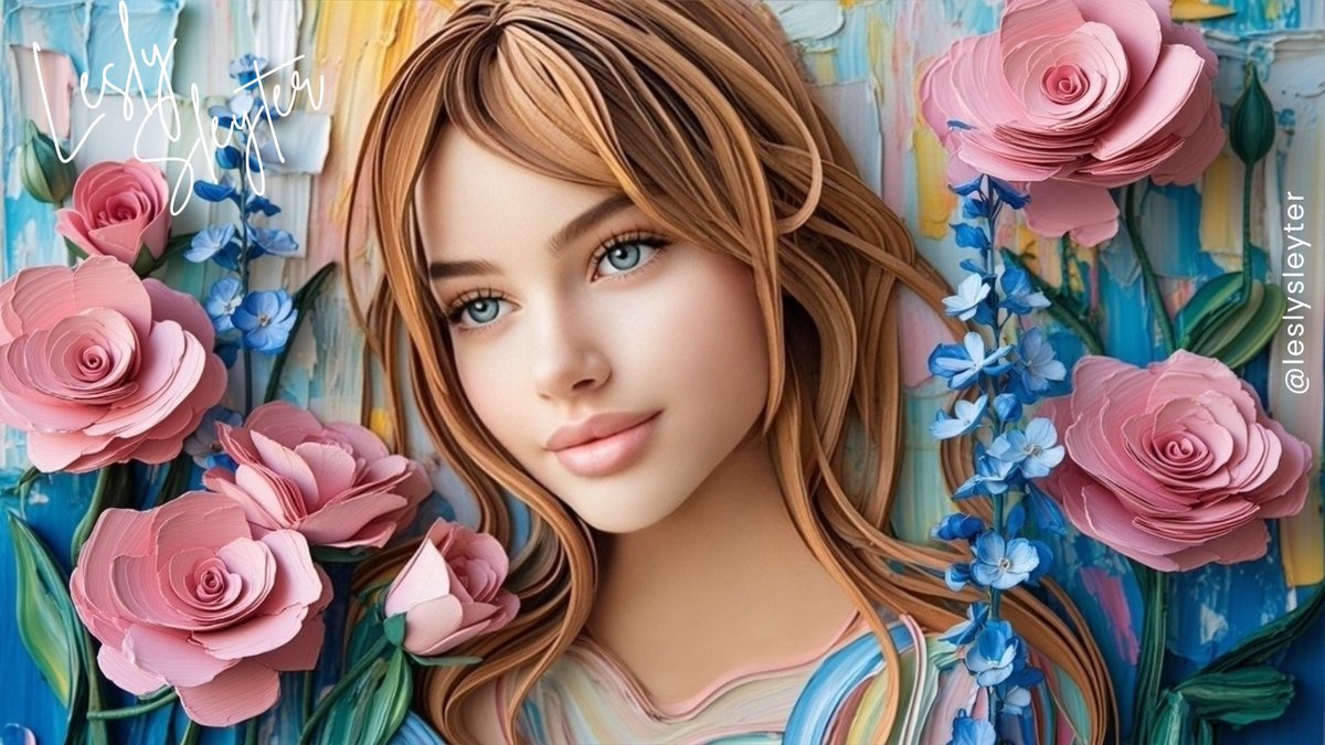 leslysleyter's tweet image. Amid the roses pink and blue so fair,
— A maiden’s face emerges from the hue,
— Her golden hair cascades with tender care,
The art of nature in her eyes shines true.
With petals soft against a painted sky,
— She stands where colors blend in gentle play,
— A vision…