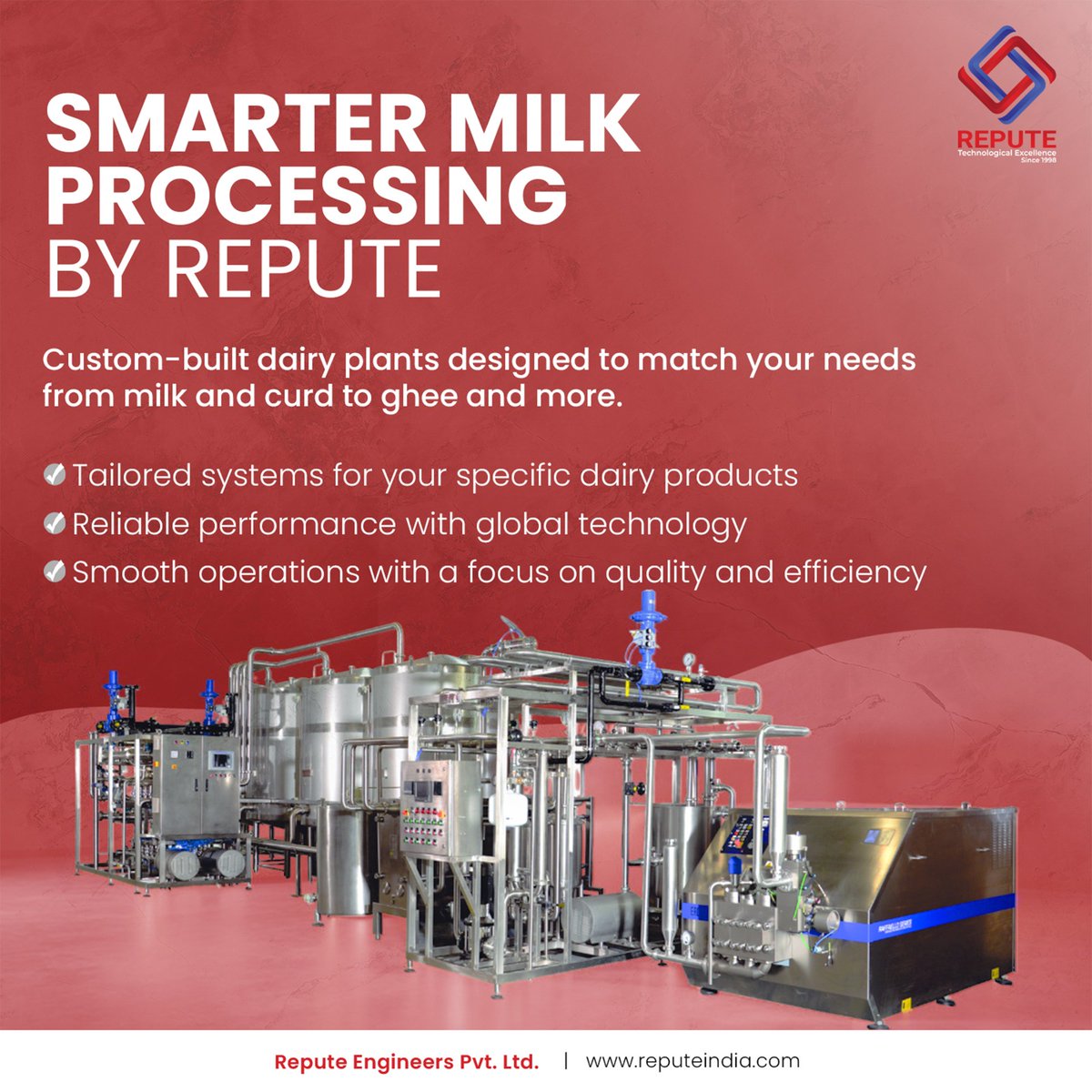 Repute_India's tweet image. Smarter Milk Processing with Repute

• Tailored systems for specific dairy products
• Reliable performance powered by global technology
• Smooth, efficient operations with a focus on quality

#ReputeEngineers #MilkProcessing #DairySolutions #SmartDairyTech #GheeProcessing