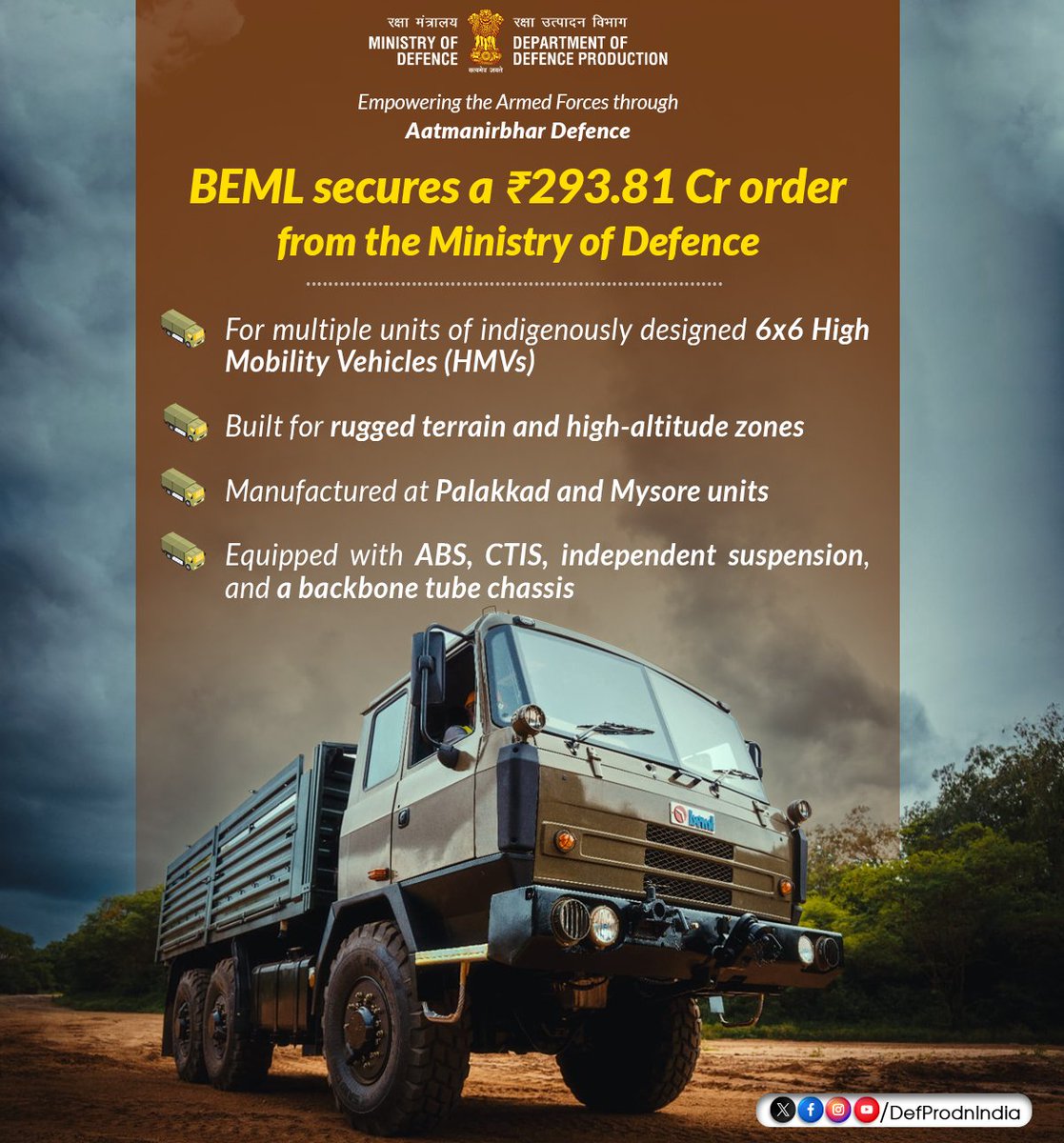 #AatmanirbharDefence 🇮🇳

Powering Indian #ArmedForces with cutting-edge mobility solutions.

🔹#BEML bags ₹293.81 Cr #MoD order for indigenously designed 6x6 High Mobility Vehicles.

🔹Made for rugged terrains &amp; high altitudes, built at Palakkad, #Kerala &amp; #Mysore with ABS, CTIS