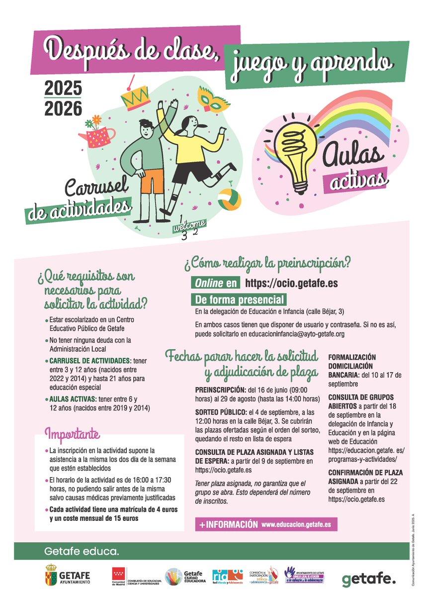 aytogetafe's tweet image. 🏫 Hasta el 29 de agosto estará abierto el plazo de preinscripciones de las actividades extraescolares del curso 2025/2026 con 1.600 plazas.
Más información:
educacion.getafe.es/actividades-en…