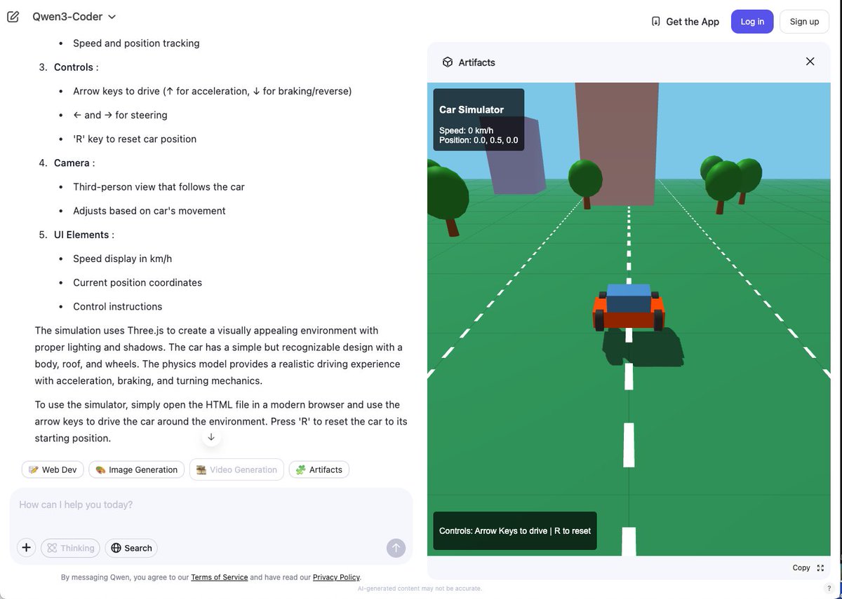 mrdoob's tweet image. Qwen3-Coder also struggles with the orientation of the car and its wheels 🤔
"Can you create a simple car simulator with plain Javascript and Three.js?"
chat.qwen.ai