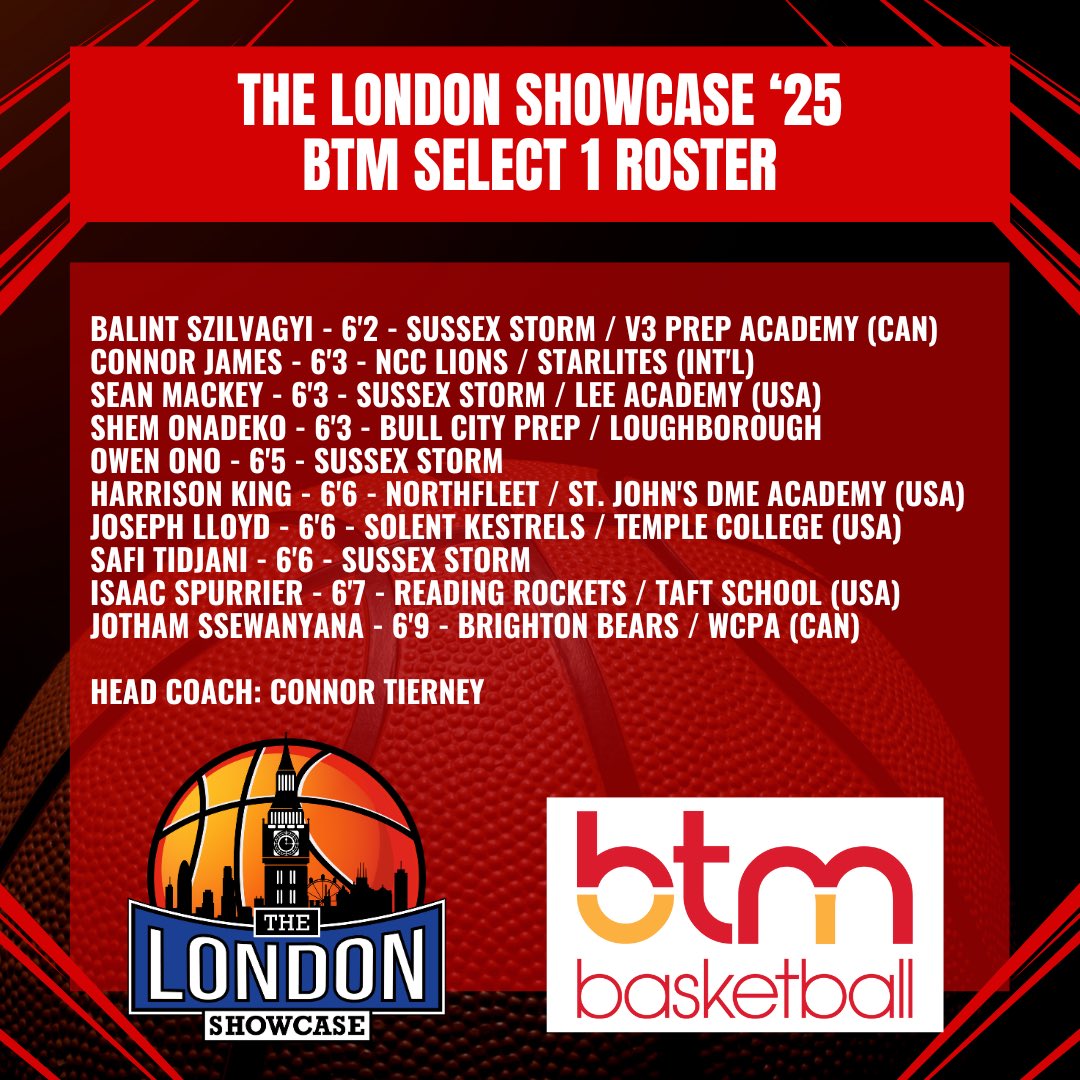 btmbasketball's tweet image. BTM Select 1️⃣
This team play the USA Select South-West U18s on 31st July at Hillbrow, Eastbourne (7.30 pm), and the North-West U18s on 1st August at K2 Arena, Crawley (7.30 pm).
#TheLondonShowcase #BTMBasketball