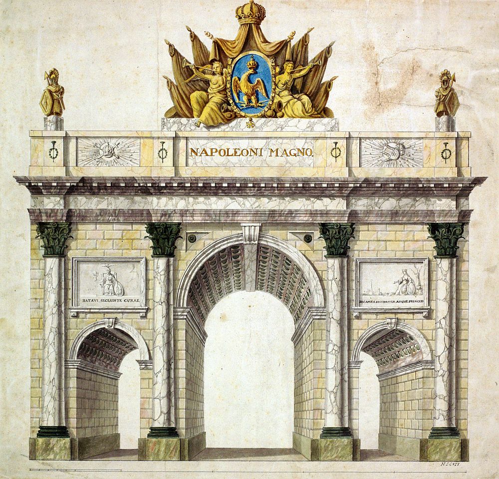 Napoleon Bonaparte en Marie Louise bezochten onze stad in 1811, kort na de inlijving. Het stadsbestuur haalde alles uit de kast om de keizer stijlvol te ontvangen. Deze triomfpoort stond bij de Neude aan het begin van de Voorstraat. Met opschrift 'Napoleoni Magno' 

#ronddeneude