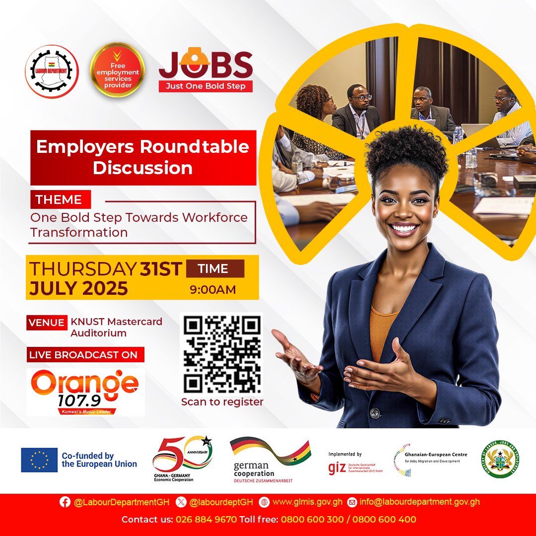 Calling all employers! 📢 Don't miss our upcoming roundtable discussion at the KNUST Mastercard Auditorium on Thursday, July 31st, at 9:00 AM. Scan the QR code  to register your spot today!

⚠️ Only 50 slots available 

#JOBSroadshow #JustOneBoldStep #LabourDepartmentGhana