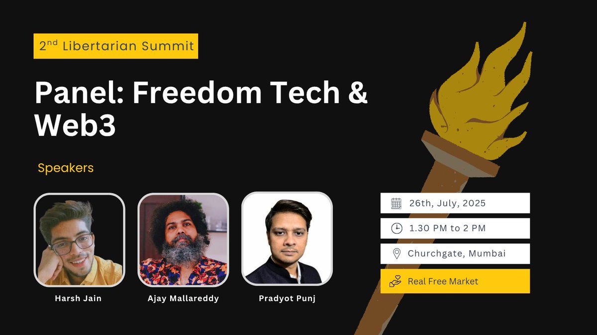 Libertarian Party of India 🇮🇳 (@libertypartyind) on Twitter photo Meet the speakers joining our Freedom Tech & Web3 Panel at the 2nd Libertarian Summit!
1. Harsh Jain <a href="/HarshSinyal/">Harsh Jain</a> - Open-source Dev, Privacy Tech (Bitcoin & Linux)
2. Ajay Mallareddy <a href="/IndLibertarians/">Indian Libertarians</a> - Evangelizer, Montelibero Free Society Project
3. Pradyot Punj <a href="/PradyotPunj/">Pradyot</a> Meet the speakers joining our Freedom Tech & Web3 Panel at the 2nd Libertarian Summit!
1. Harsh Jain <a href="/HarshSinyal/">Harsh Jain</a> - Open-source Dev, Privacy Tech (Bitcoin & Linux)
2. Ajay Mallareddy <a href="/IndLibertarians/">Indian Libertarians</a> - Evangelizer, Montelibero Free Society Project
3. Pradyot Punj <a href="/PradyotPunj/">Pradyot</a>