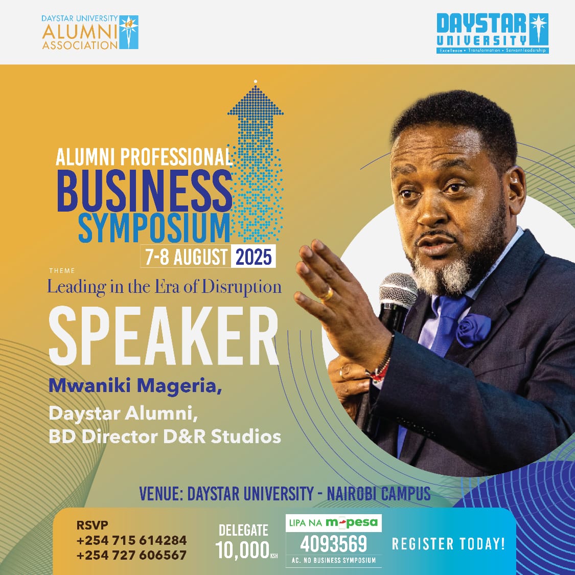 Daystar University Alumni Association (@daystaralumnidu) on Twitter photo Weāre excited to welcome <a href="/NikiMags/">Mwaniki Mageria</a>, BD Director D & R Studios, to the Daystar Alumni Professional Business Symposium as one of our distinguished speakers, bringing valuable insights: āLeading in the Era of Disruption.ā
Secure your ticket today on:
apbs.co.ke Weāre excited to welcome <a href="/NikiMags/">Mwaniki Mageria</a>, BD Director D & R Studios, to the Daystar Alumni Professional Business Symposium as one of our distinguished speakers, bringing valuable insights: āLeading in the Era of Disruption.ā
Secure your ticket today on:
apbs.co.ke