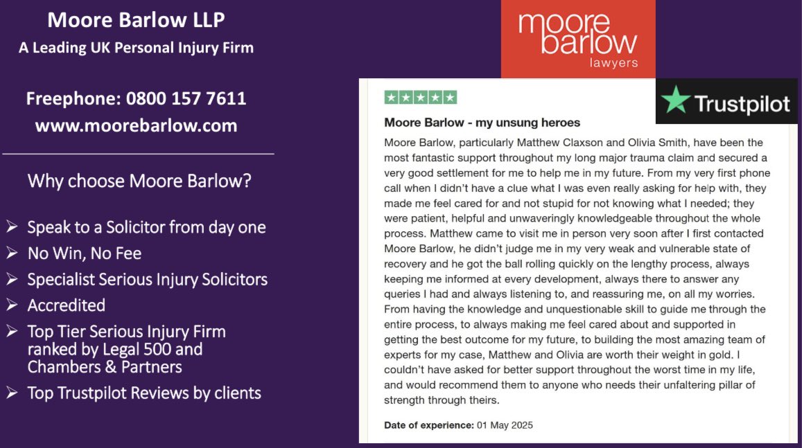 Matthew Claxson (@matthewclaxson) on Twitter photo It is a privilege to act on behalf of injured clients to help rebuild their lives after serious injury and pleasing to read this feedback left on the independent review site TrustPilot.
#Injury #Compensation #Accident #Fatal4 #Claim <a href="/MBinjury/">Moore Barlow Injury</a> It is a privilege to act on behalf of injured clients to help rebuild their lives after serious injury and pleasing to read this feedback left on the independent review site TrustPilot.
#Injury #Compensation #Accident #Fatal4 #Claim <a href="/MBinjury/">Moore Barlow Injury</a>