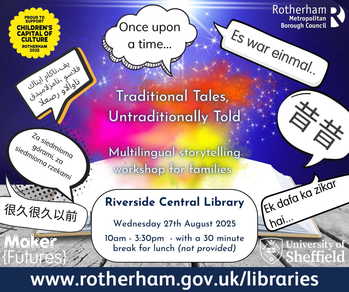 RothLibraries's tweet image. Riverside Library invites you to explore how traditional tales and languages are woven into our identities.
Suitable for all ages, especially multilingual families with children from 6-12 years old.
Either bring a packed lunch or treat yourself at the café.
Book with the library.