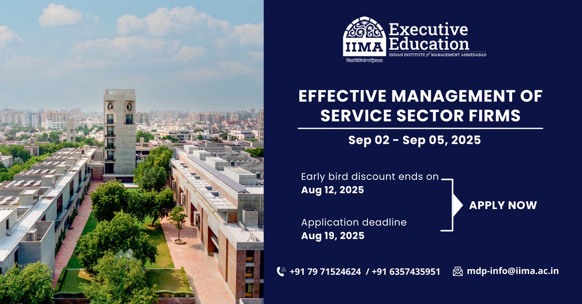 Most #managementtools weren’t made for service firms.
#IIMA's programme on Effective Management of Service Sector Firms is going to change that for those leading customer-focused businesses.
Apply now: lnkd.in/dpGHw_AS
#ServiceManagement