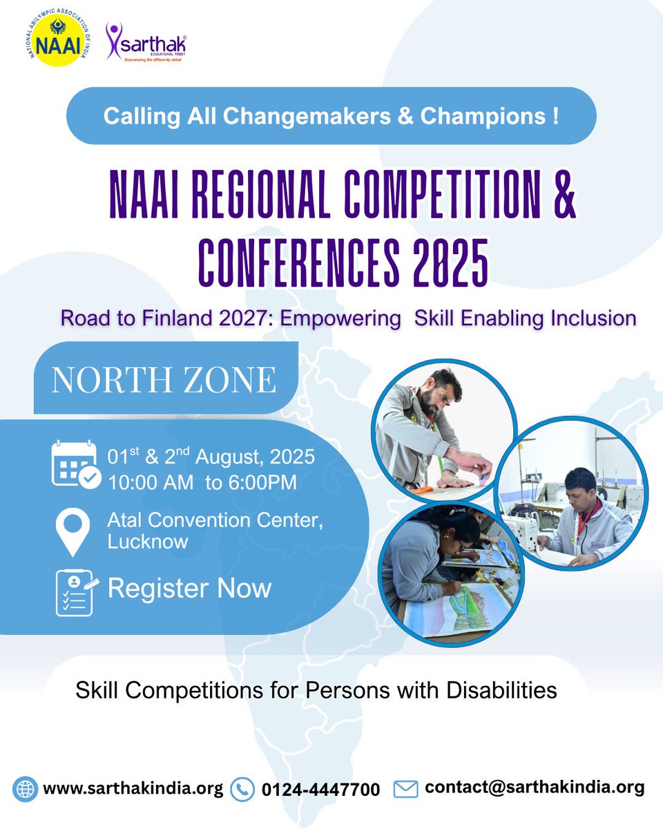 SarthakEducati2's tweet image. Join #NAAI2025 North Zone event in Lucknow &amp;amp; pave your #RoadToFinland2027  Don&apos;t miss to register 👉 Competition: abilympicsindia.org/registration.p… 📷 Conference: sarthakindia.org/conference-reg… 📷 naai.manager@abilympics.org  #AbilityOverDisability #NAAI