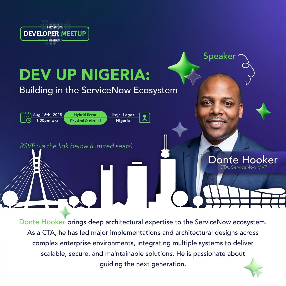 ServiceNowLiz's tweet image. Introducing our August speaker: Donté Hooker!
Get ready for architectural insights from a true ServiceNow CTA! Donté Hooker has extensive experience leading major implementations and architectural designs across complex enterprise environments.
His expertise in integrating…