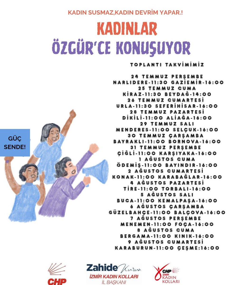 Kadınlar Özgürce Konuşuyor!
Susmuyoruz, sinmiyoruz, birlikte konuşuyoruz!
Kadınların sesi daha gür, daha güçlü çıkacak bu toplantılarda.
Kadın haklarını, çocukların yaşam hakkını, tüm canlılara yönelen şiddeti, kadın cinayetlerini, toplumsal cinsiyet eşitliğini ve görmezden