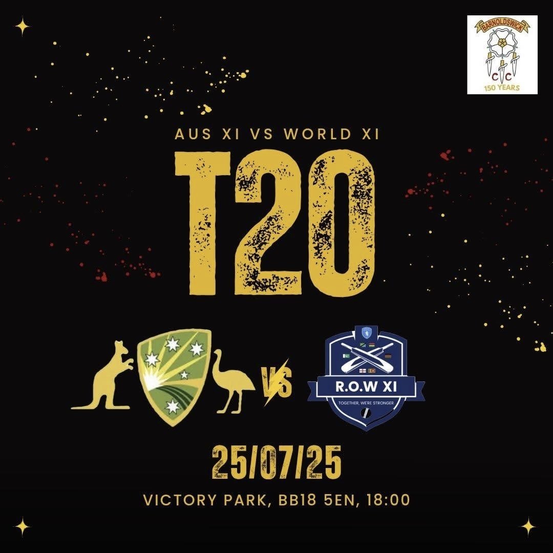 BarnoldswickCC (@barnoldswickcc) on Twitter photo This friday at BCC we have a very special 150th Year Anniversary game where we will see an Aus XI take on a R.O.W XI!
6pm start ๐
Bar ๐ป
BBQ ๐ญ
FREE ENTRY๐
Players coming from
<a href="/nwcricketleague/">NorthWest Cricket League</a> <a href="/PrestwichSport/">Prestwich CTBC</a>
<a href="/EarbyCC/">Earby CC ๐ดโช๏ธ๐</a>
<a href="/HeywoodCC/">Heywood Cricket Club</a>
<a href="/GargraveCC/">Gargrave Cricket Club</a>
<a href="/ribbwanderers/">Ribblesdale Wanderers Sports Club</a>
<a href="/BlackpoolCC/">Blackpool Cricket Club</a> This friday at BCC we have a very special 150th Year Anniversary game where we will see an Aus XI take on a R.O.W XI!
6pm start ๐
Bar ๐ป
BBQ ๐ญ
FREE ENTRY๐
Players coming from
<a href="/nwcricketleague/">NorthWest Cricket League</a> <a href="/PrestwichSport/">Prestwich CTBC</a>
<a href="/EarbyCC/">Earby CC ๐ดโช๏ธ๐</a>
<a href="/HeywoodCC/">Heywood Cricket Club</a>
<a href="/GargraveCC/">Gargrave Cricket Club</a>
<a href="/ribbwanderers/">Ribblesdale Wanderers Sports Club</a>
<a href="/BlackpoolCC/">Blackpool Cricket Club</a>