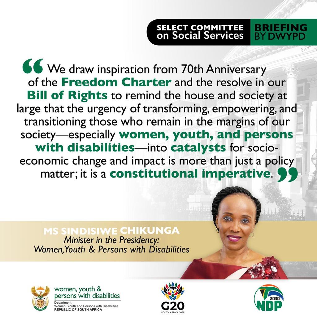 DWYPD_ZA's tweet image. [Recap]

Minister @s_chikunga emphasized that transforming and empowering women, youth, and persons with disabilities is not just a policy priority, it is a constitutional imperative.

Drawing inspiration from the 70th Anniversary of the Freedom Charter and the Bill of Rights.
