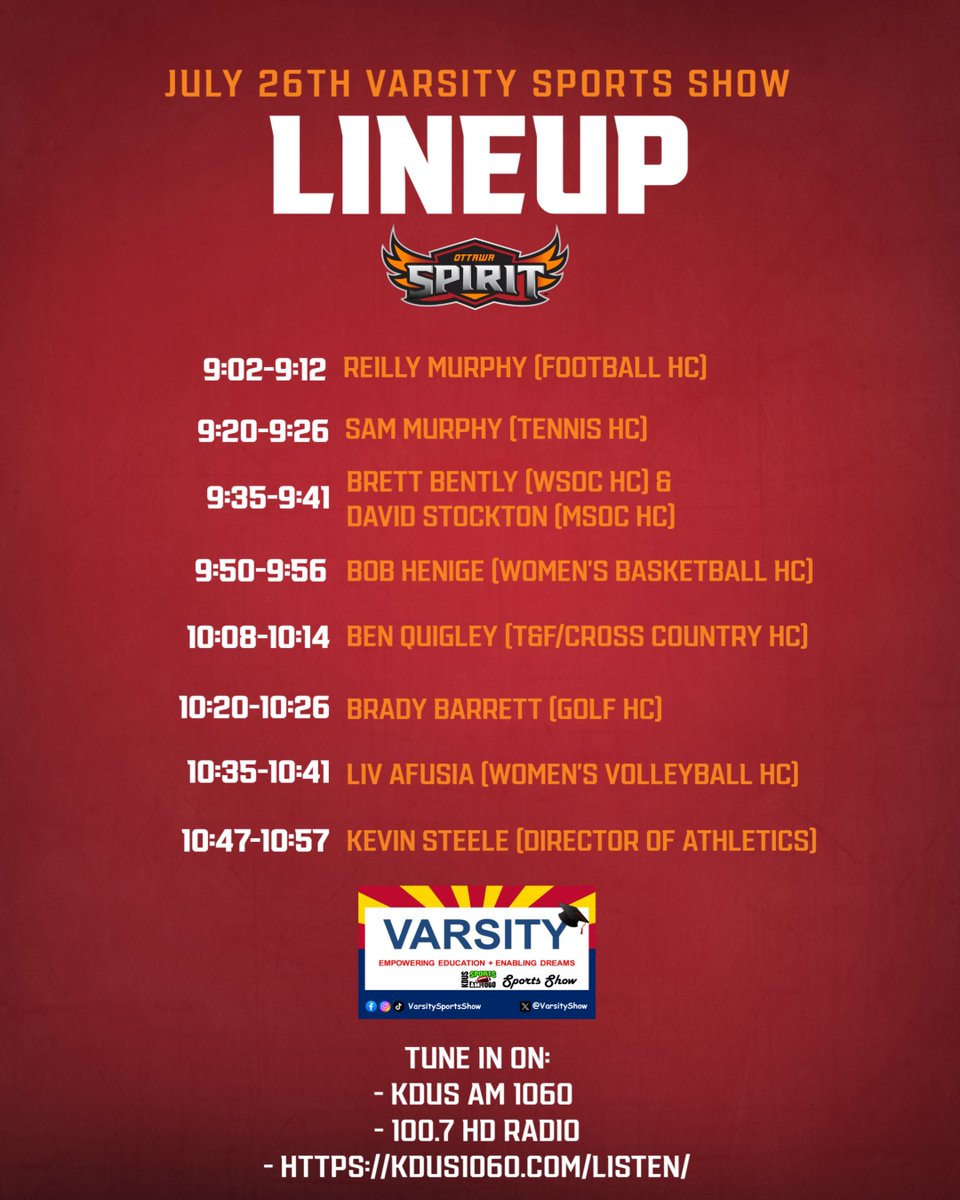 OUAZSpirit's tweet image. Tune in this Saturday from 9 AM - 11 AM to hear some of your favorite OUAZ Athletics coaches talk about their programs on the @VarsityShow!
📻: KDUS AM 1060 or 100.7 HD Radio
Listen at: kdus1060.com/listen/
#WeAreOUAZ