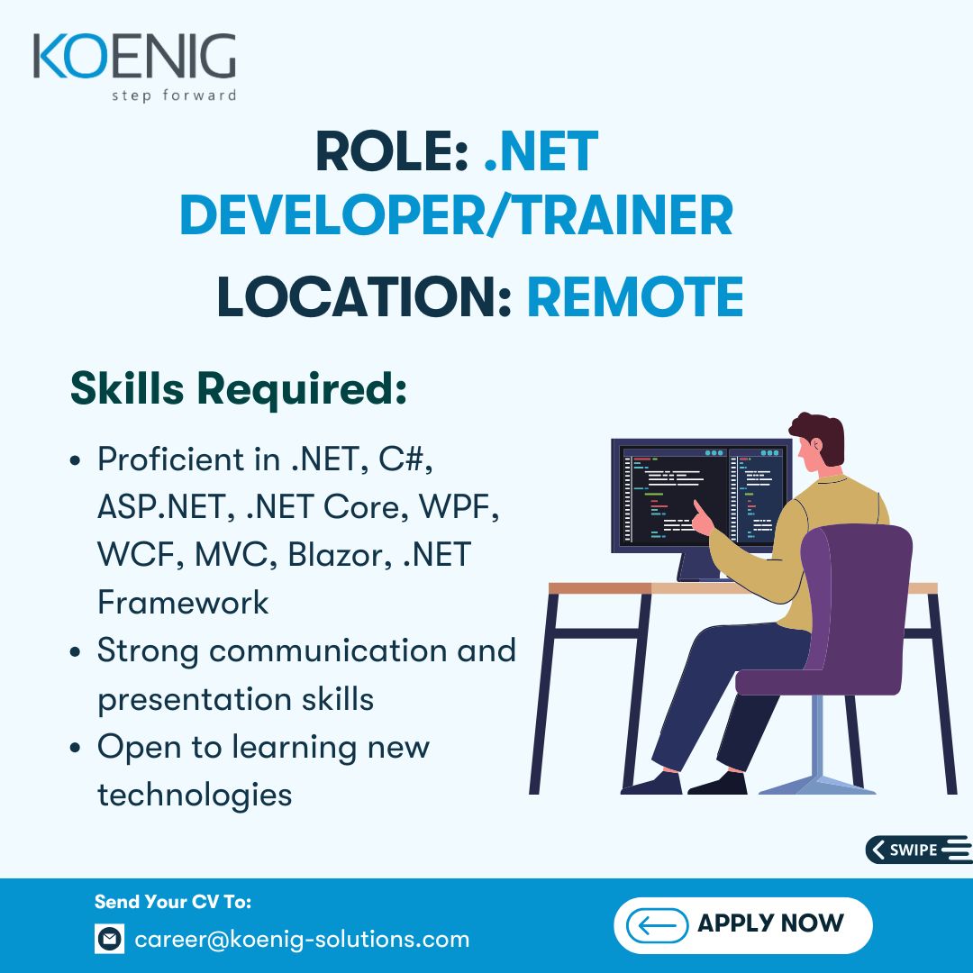 KoenigSolutions's tweet image. We’re Hiring!
📌Open Roles:
- .Net Developer/Trainer
- Corporate Trainer - Azure Infrastructure
Send your resume to career@koenig-solutions.com
#KoenigSolutions #DotNetDeveloper #CorporateTrainer #TechJobs #StepForward #KoenigTraining #GetCertified