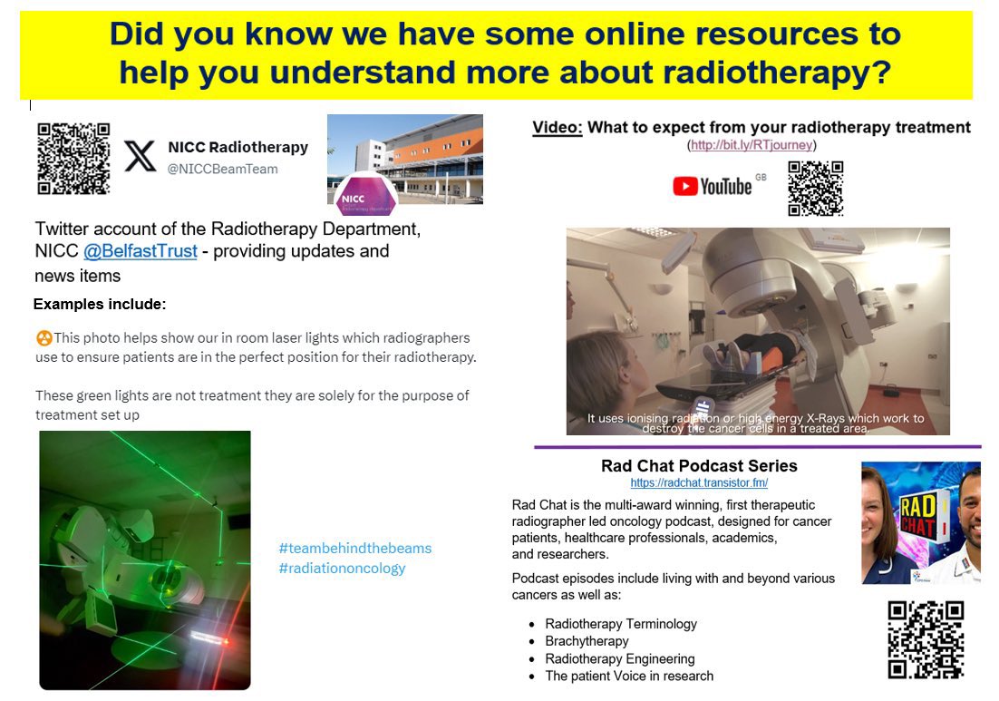 Here are some online resources to help you understand more about Radiotherapy in the NICC

@rad__chat <a href="/NICCBeamTeam/">NICC Radiotherapy</a> 

#teambehindthebeams