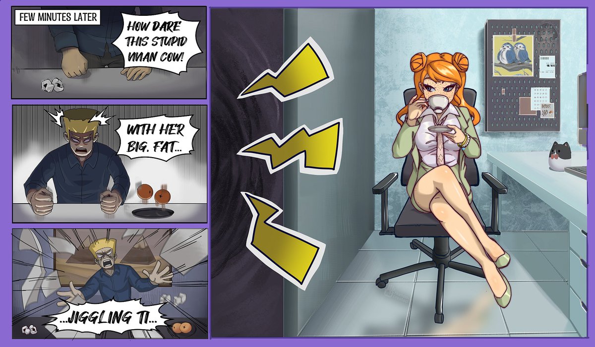 VNicoletteReid's tweet image. Fake Tinder Match, Part 2:
After Vivian had rather pointedly informed Sam and his little band of "bois" that none of them were quite mature enough for her particular "attractions", Sam found himself in dire need of a good old-fashioned tantrum in his office.
#comic #art #oc
