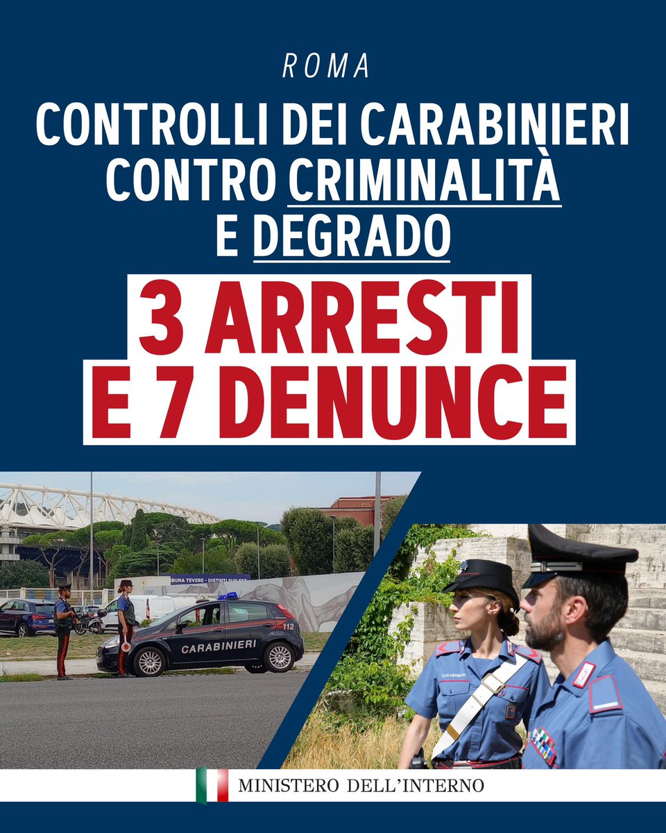 Piantedosim's tweet image. Proseguono i controlli a Roma per garantire sempre maggiori condizioni di sicurezza. I @_Carabinieri_, nel corso di una recente operazione condotta in diversi quadranti della Capitale, hanno identificato 156 persone e controllato 63 veicoli. 3 le persone arrestate e 7 quelle…