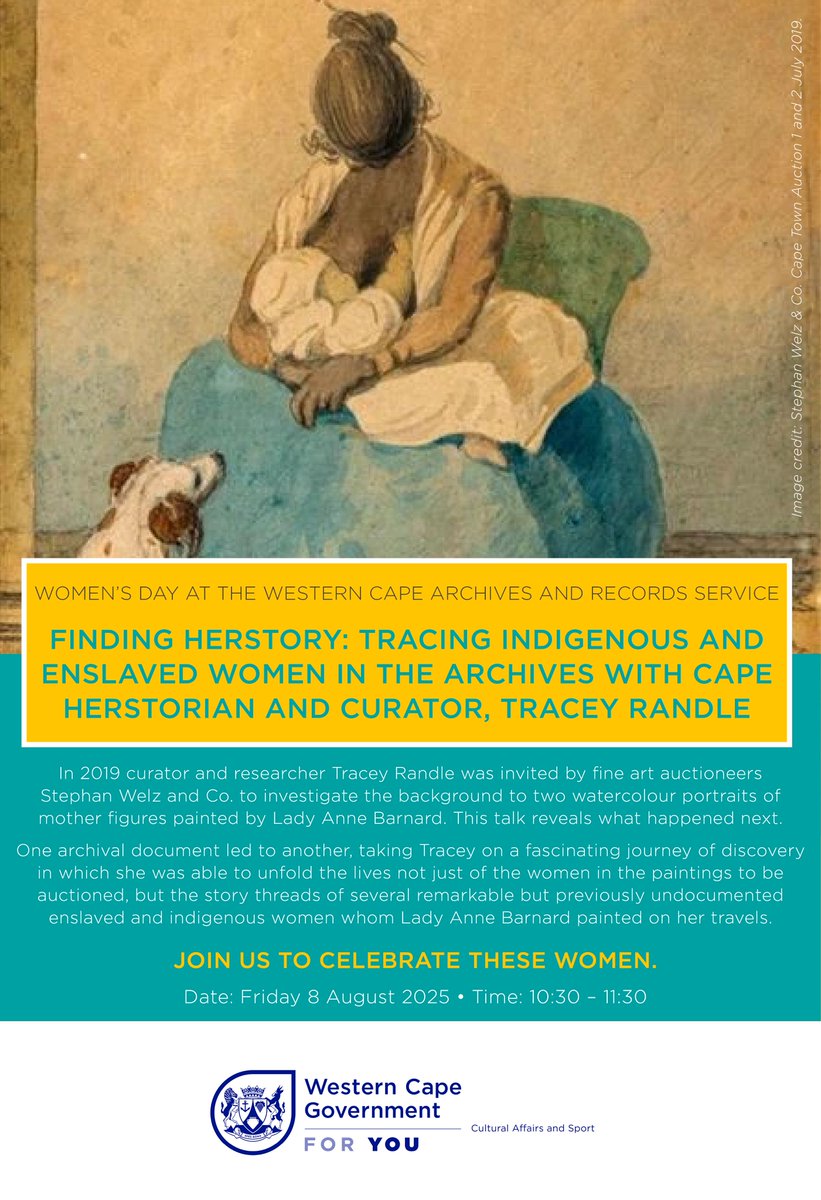 👩‍🦰 Celebrate Women’s Day at the Western Cape Archives with Cape Herstorian Tracey Randle, as she traces the stories of remarkable Indigenous and enslaved women through the artworks of Lady Anne Barnard. 🌿

💻 Join via MS Teams: tinyurl.com/huccmr22