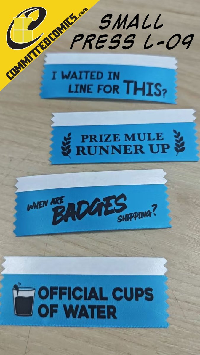 committedcomics's tweet photo. It starts tomorrow!!! First badge out the gate...."I waited in line for this?" Ribbon....the secret phrase will be tweeted/sent at 8 am. #adventuresofprizemule @SD_Comic_Con @kickgirl #comiccon #badgeribbons #comics #smallpress https://t.co/KhhIWB2axd