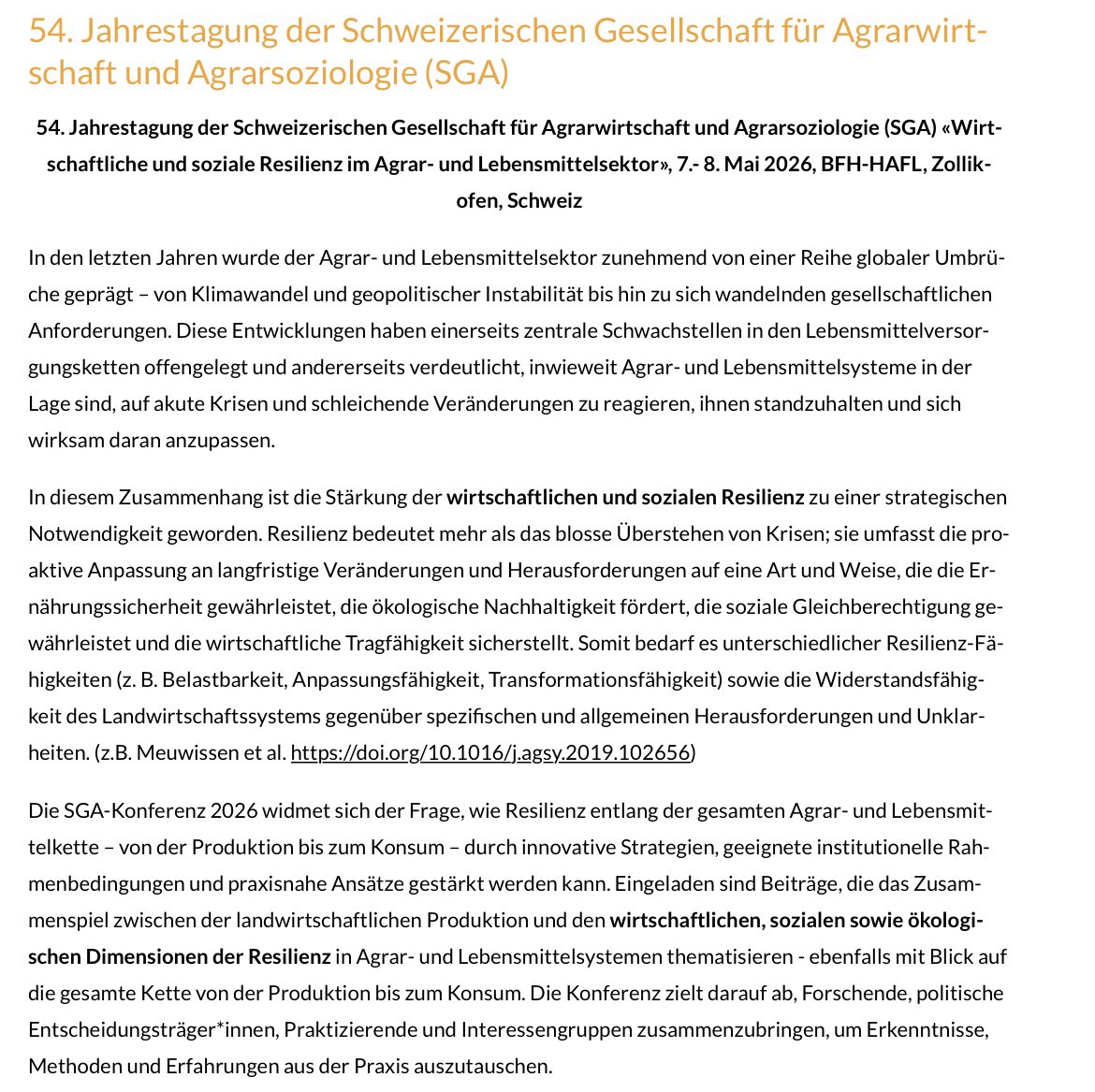 RobertFinger1's tweet image. Call for Abstracts: 54. Jahrestagung Schweizerische Gesellschaft für Agrarökonomie und Agrarsoziologie (SGA), 07/08. Mai 2026, BFH,  Zollikofen

Einsendeschluss 15.10.2025. Beiträge auf Deutsch, Französisch und Englisch willkommen! 

Informationen sse-sga.ch/sse-sga/meta-n…