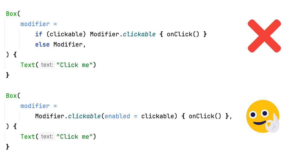 Clickable modifier can be disabled by argument, do not use conditional modifier for that!