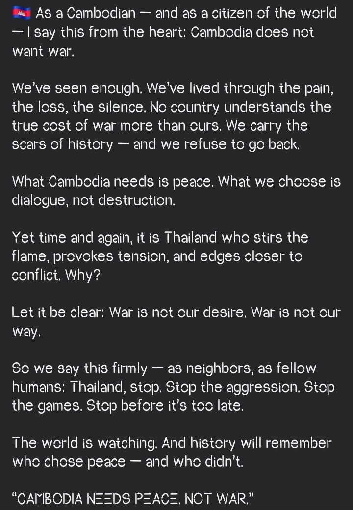 soo_cne's tweet photo. “CAMBODIA NEEDS PEACE. NOT WAR.”
#WeDontWantWar #PeaceForCambodia #RespectOurBorder
#ThailandStartedTheWar
#JusticeForCambodia
#Cambodianeedpeace https://t.co/AahNC7PuD9
