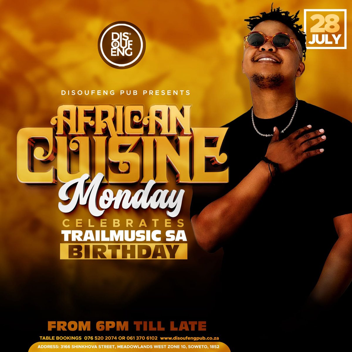 Join us as <a href="/DISOUFENG_PUB/">Disoufeng Pub & Restaurant</a>  celebrates <a href="/trail_music/">TrailMusic SA</a> on another incredible year this Monday! We’re turning up the flavor and the music with their signature African Cuisine Mondays.

Bring your friends, your appetite, and your love for good vibes. Don’t miss out!
