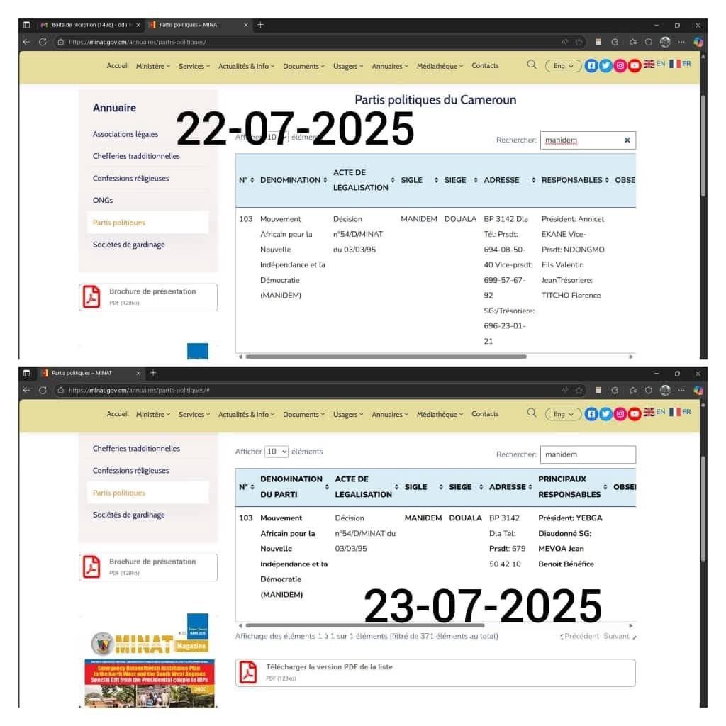 mbeatowe's tweet image. Les Archives Internet donnent tort au ministre Paul Atanga Nji, tripatouilleur des données des Partis politiques. Il a réussi  à faire changer le nom du président du MANIDEM. Mais il a complètement oublié qu‘il y a des sites web qui archivent l‘internet. Par exemple ce site basé…