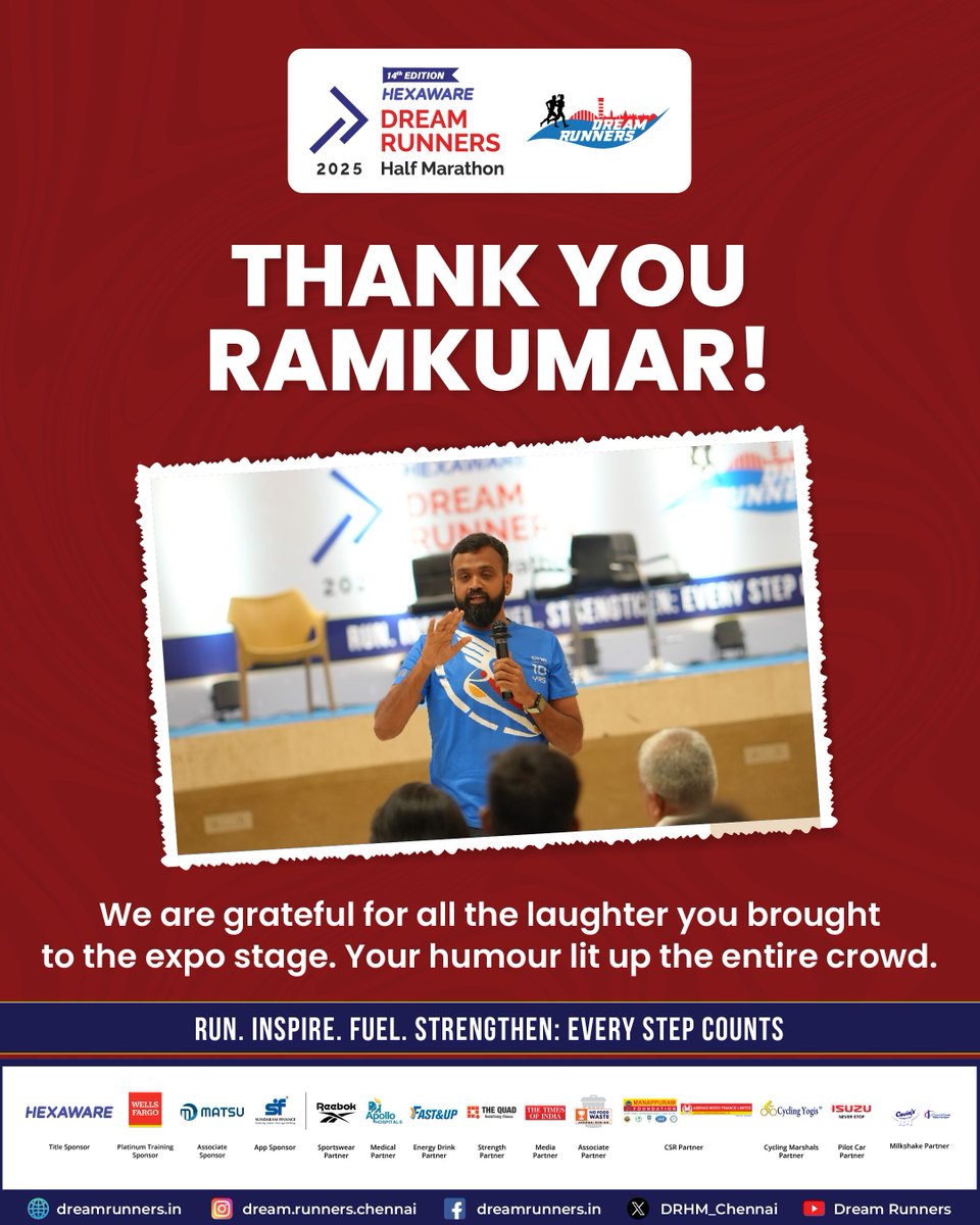 DRHM_Chennai's tweet image. Thanks for the laughs, Ramkumar!
Your performance on expo day brought smiles, eased nerves, and set the perfect vibe before race day.
@HexawareGlobal
@WellsFargo
@MatsuGlobal
@reebokindia
@FastandUp_India
@HospitalsApollo
@timesofindia
@nfwchennai
@ManappuramMAFIL
@IsuzuIndia