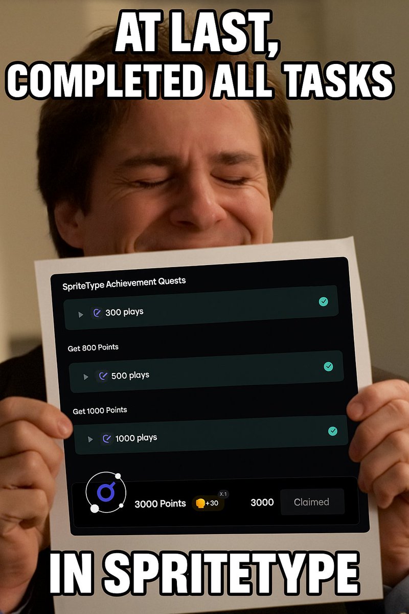 Paradise__12345's tweet image. Just maxed out all plays and hit the 3000-point mark in SpriteType 🔥✅ 300 plays
✅ 500 plays
✅ 1000 plays
🧪 3000 Points = Claimed On-chain achievements feel GOOD.#SpriteType #AchievementUnlocked #OnChainGaming #QuestsComplete @irys_xyz @irys_xyz_in 

Attach the uploaded image…