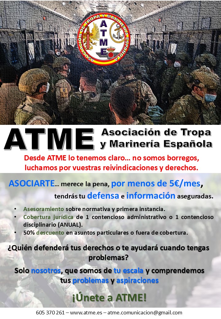 _ATME's tweet image. Unete a la Asociación referente de la tropa y marinería que lucha por sus intereses retributivos y profesionales y te presta servicio de asesoramiento y defensa jurídica.
Donde muchos no se atreven a llegar nosotros lo hacemos.
#ATMEactua #FAS
atme.es/alta/