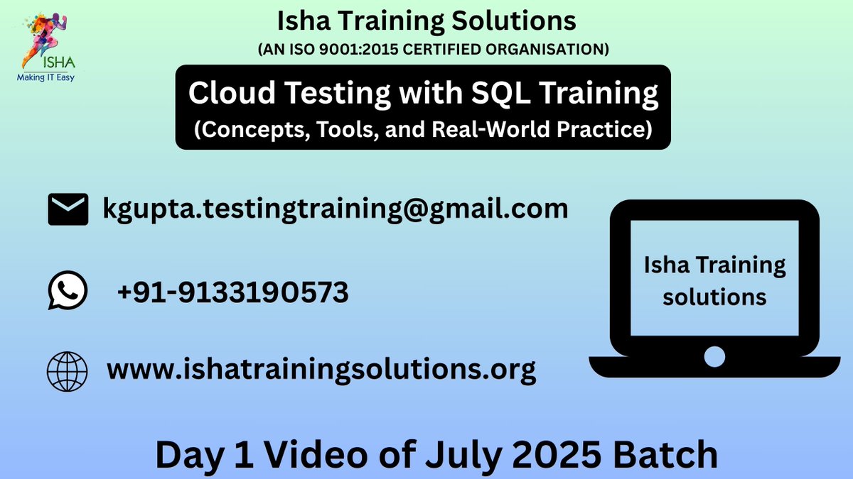 IshaKumargupta's tweet image. “Cloud Testing with SQL Training”-Day 1 Video
youtu.be/lIRpRaAnRqA
Enrollments are still in progress
Regular sessions will start from:
24th July @ 7:30 PM (IST)/10 AM (EST)/3 PM (BST).
The course Price: 6,900 INR
Contact- 9133190573
#CloudTesting #SQLTraining #SoftwareTesting