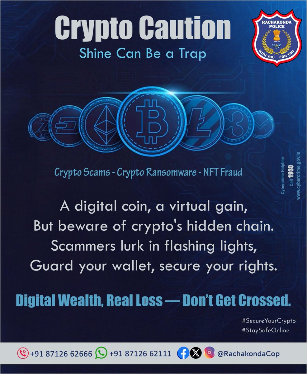 Crypto Caution – Shine Can Be a Trap! 🚨 In the digital world, not everything that glitters is gold! Cybercriminals are using crypto scams, ransomware, and NFT frauds to trap innocent users.  📷 "A digital coin, a virtual gain — But beware of crypto's hidden chain." 📷