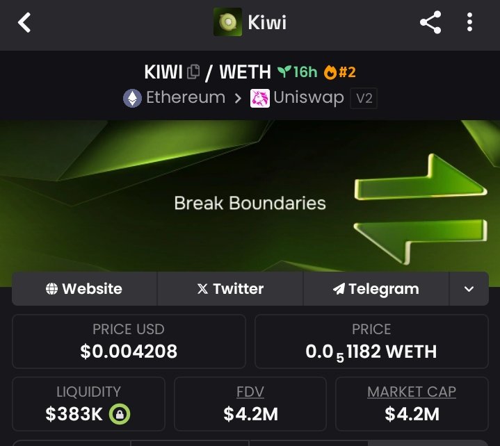 cryptoraiyan's tweet image. $KIWI 🍃 | 16H OLD
Just launched and already buzzing.
With a future plan for KiwiSwap and running on Ethereum, this one’s catching eyes early.
Market cap at $4.2M — still early-stage.
Community looks sharp, and entries from smart wallets are showing up. 👀
Watching closely.