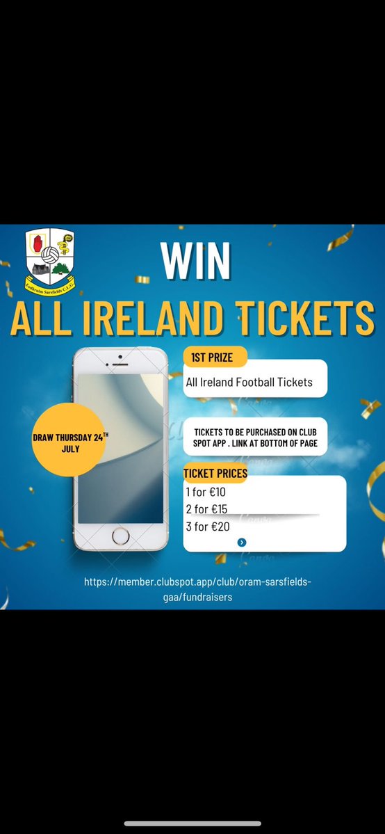 🚨 DRAW THIS EVENING🚨 

Win tickets to the all Ireland football draw between #DonegalGAA and #KerryGAA tonight.

Purchase on link below

member.clubspot.app/club/oram-sars…

#AllIreland #allirelandfinal #donegal #kerry #gaa #raffle #LuckyCoin