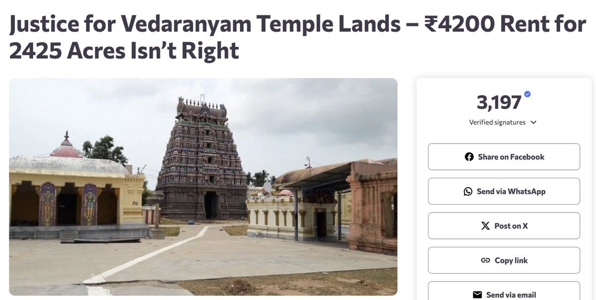 CA ManianGopi (@maniangopi) on Twitter photo Attempt 11
Respected
<a href="/PiyushGoyal/">Piyush Goyal</a> <a href="/PiyushGoyalOffc/">Piyush Goyal Office</a> <a href="/JitinPrasada/">Jitin Prasada जितिन प्रसाद</a> <a href="/DPIITGoI/">DPIIT India</a> <a href="/narendramodi/">Narendra Modi</a> <a href="/PMOIndia/">PMO India</a>
📢 3197 of us are requesting you to consider this appeal. It’s high time we correct the errors of our colonial past.
‼️2425 Acres of Shri. Vedaranneshwarar Swamy Temple land Attempt 11
Respected
<a href="/PiyushGoyal/">Piyush Goyal</a> <a href="/PiyushGoyalOffc/">Piyush Goyal Office</a> <a href="/JitinPrasada/">Jitin Prasada जितिन प्रसाद</a> <a href="/DPIITGoI/">DPIIT India</a> <a href="/narendramodi/">Narendra Modi</a> <a href="/PMOIndia/">PMO India</a>
📢 3197 of us are requesting you to consider this appeal. It’s high time we correct the errors of our colonial past.
‼️2425 Acres of Shri. Vedaranneshwarar Swamy Temple land