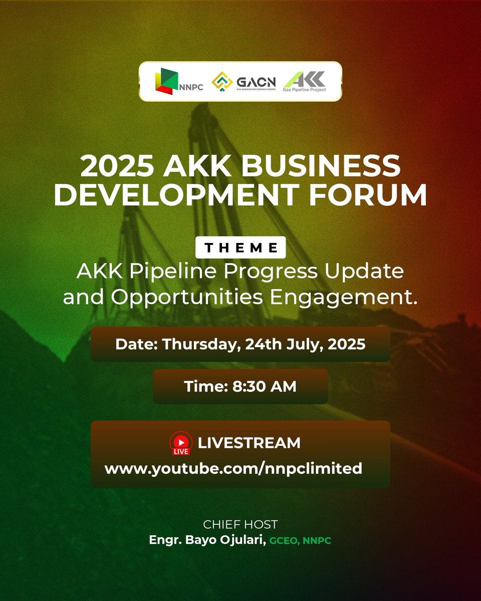 nnpclimited's tweet image. [HAPPENING TODAY]

Join NNPC Limited’s Gas Power &amp;amp; New Energy Directorate for the 2025 AKK Business Development Forum. 

This practical Business Development / Management event aims to provide updates on the AKK gas pipeline status, outline future project plans, discuss commercial…