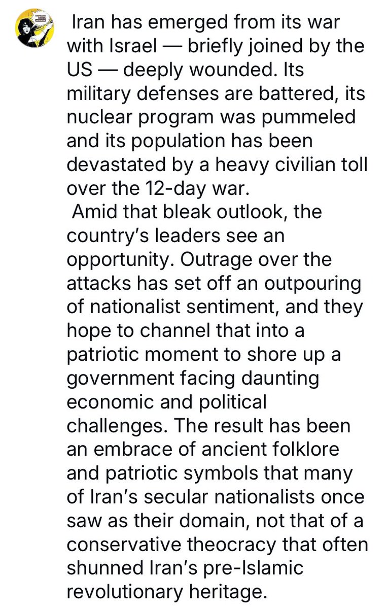glykosymoritis's tweet image. Iran’s leaders turn to a new brand of nationalism after Israeli and U.S. attacks: The theocratic government is repurposing folklore and patriotic anthems as it seeks to channel national outrage into increasing its support at home. nytimes.com/2025/07/22/wor… #Islamism #nationalism