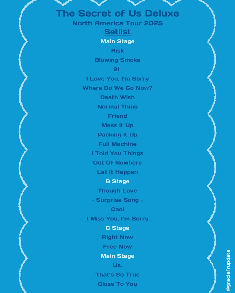 graciefrupdate's tweet image. La setlist pour la tournée The Secret of Us Deluxe 🩵#TheSecretofUsDeluxeTour #TSOUDeluxeTour
