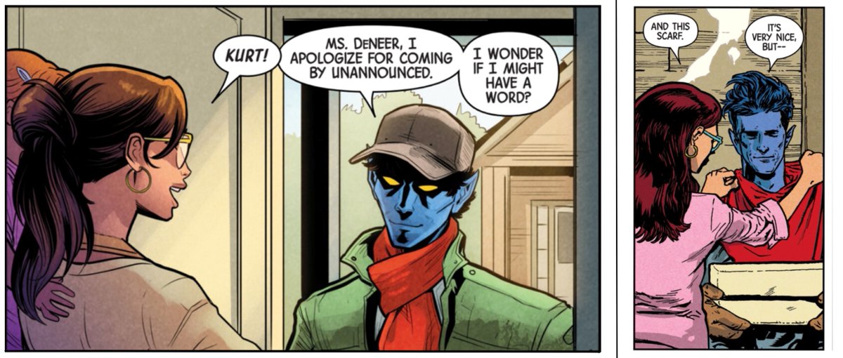proxy616's tweet image. #xspoilers When Nightcrawler visits McKenzie, he’s wearing the scarf she made for him to thank him for saving her daughter.
