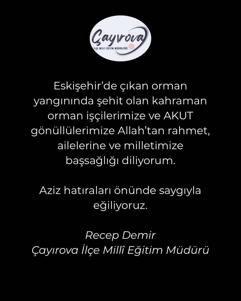 Eskişehir’deki orman yangınında şehit olan kahramanlarımızı rahmetle anıyoruz.
İlçe Millî Eğitim Müdürümüz Sn. Recep Demir’in yayımladığı taziye mesajını kamuoyuyla paylaşıyoruz.
#ormanşehitleri #başımızsağolsun #çayırovaime