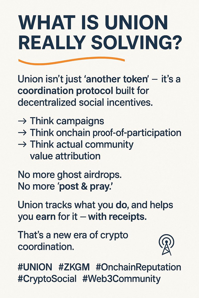mideairdrophubs's tweet image. 🚨 Crypto has a proof problem.
People work hard, post more, do more — and still get nothing.

Union changes that.
📍Every post.
📍Every proof.
📍Every action — tracked and rewarded.
It's onchain reputation, finally done right.

#UNION #CryptoThatCounts #ZKGM
@union_build