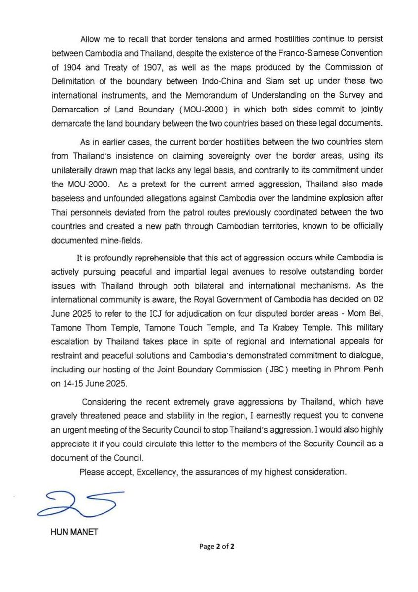 BREAKING: #Cambodia has officially requested the United Nations Security Council to convene an emergency meeting to stop Thailand's military aggression.