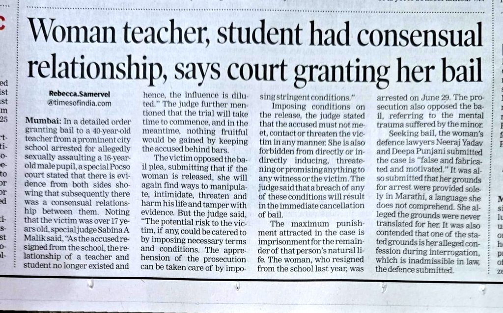 ShoneeKapoor's tweet photo. Female teacher(40) and student(16), it's consensual affair not r@pe.
POCSO is no longer a heinous crime when the r@pist is a female.
